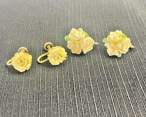 2 PAIR SCREW VINTAGE EARRINGS- TK 1/20/12K CREAMY WHITE CARVED ROSE GOLD FILLED